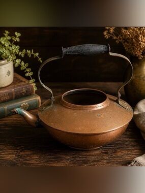 Vtg Copper Tea Kettle With Wooden Handle Made In Portugal Primitive Patina Read